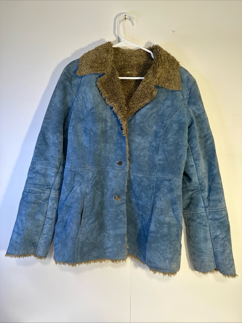 Guess Women’s Blue Suede Shearling Jacket with Brown Fur Trim